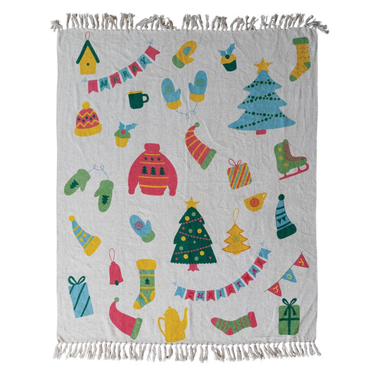 Holiday Icon Pattern, Embroidery & Fringe Throw