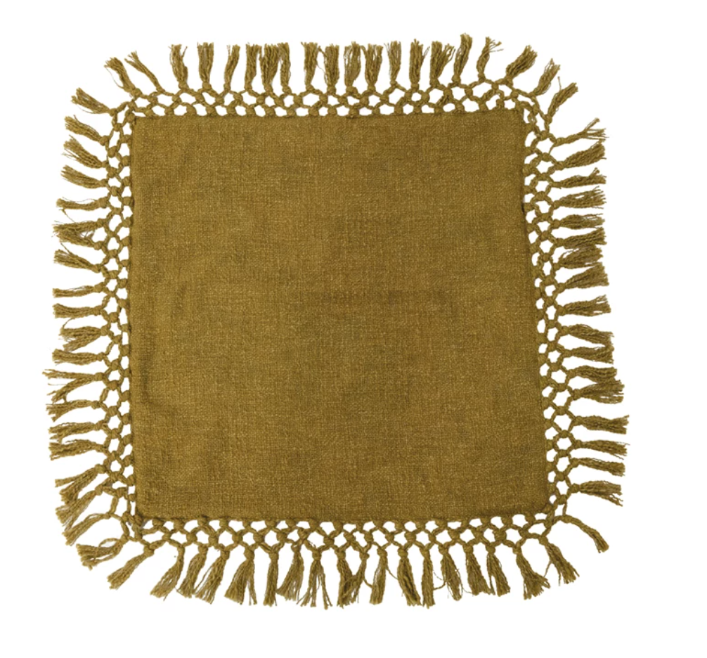 Olive Green Crochet & Fringe Pillow