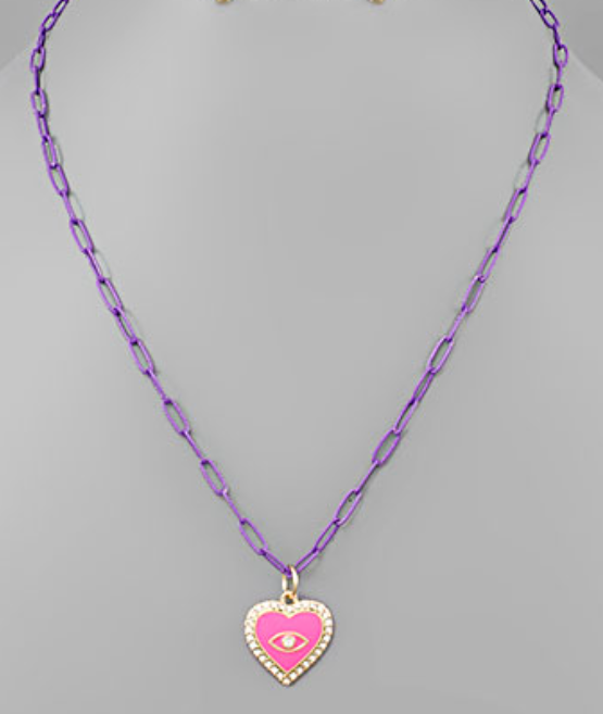 Epoxy Evil Eye Heart Link Necklace