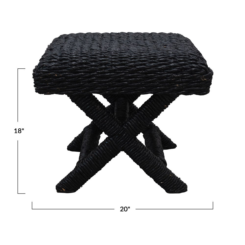 Black Woven Water Hyacinth Wood Stool
