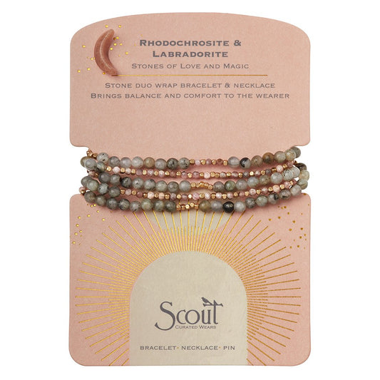 Stone Duo Wrap Bracelet/Necklace/Pin - Rhodochrosite & Labradorite/Gold