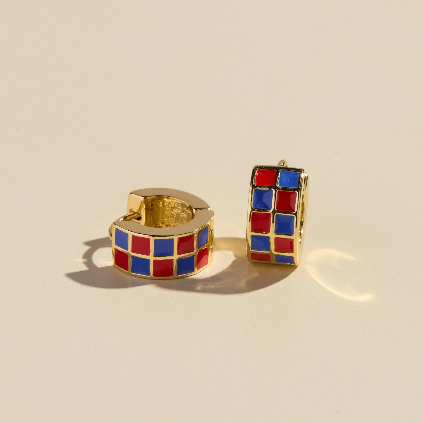 Red & Blue Checkered Enamel Huggie Earrings