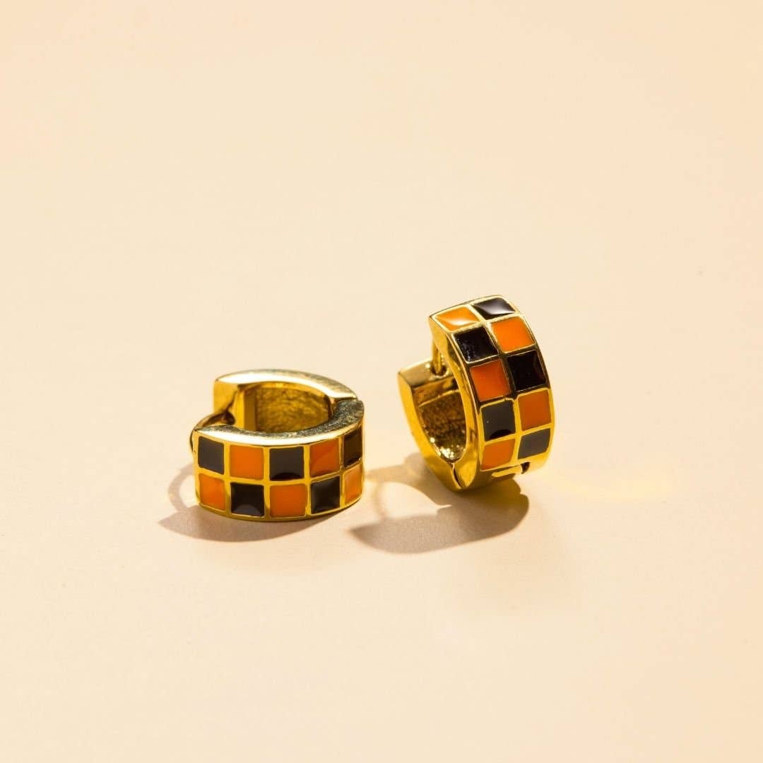 Black & Orange Checkered Enamel Huggie Earrings