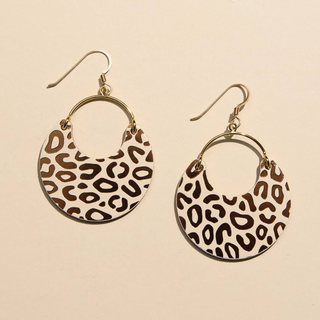 Ecru and Bronze Posh Leopard Nina Leather Hoop Earrings