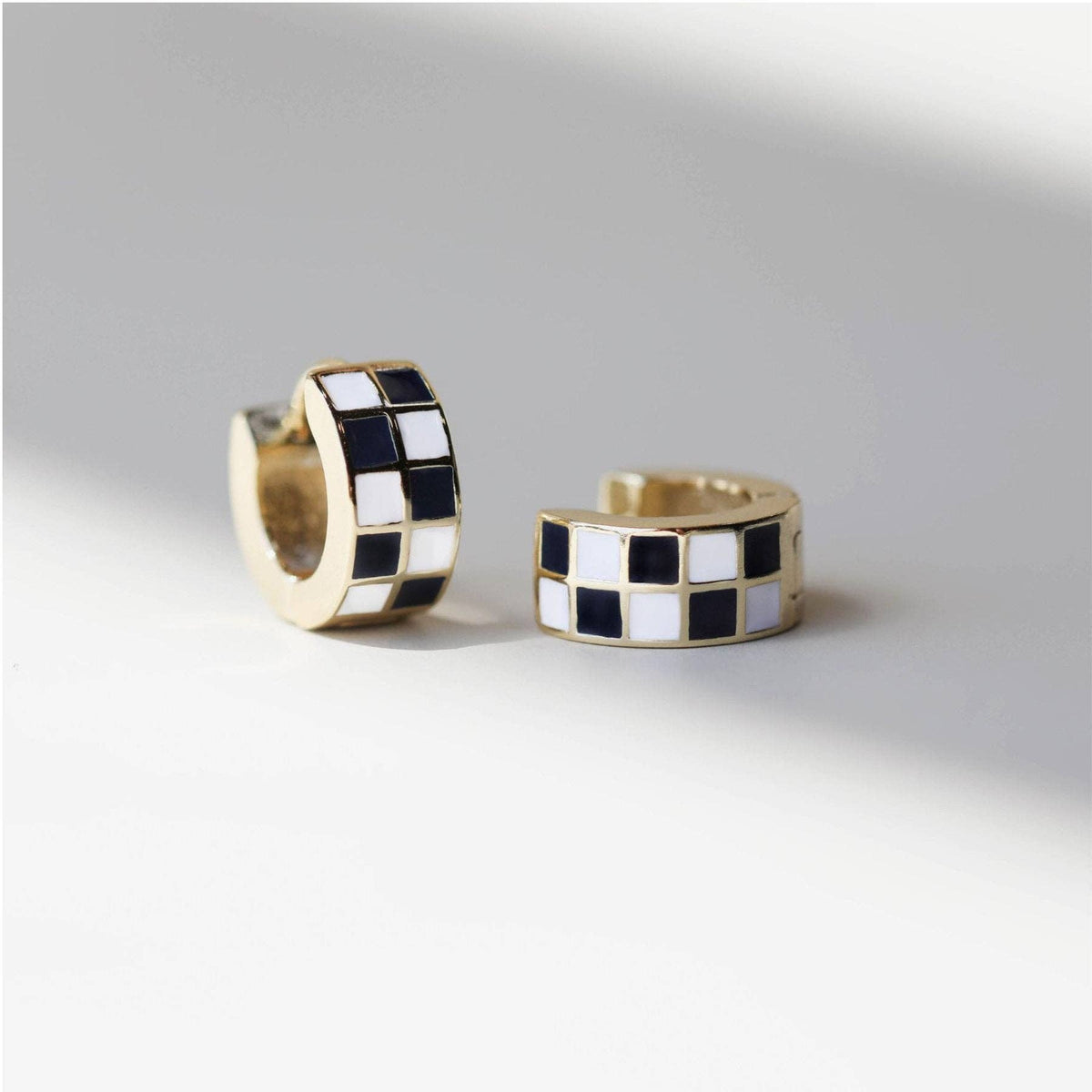Black & White Checkered Enamel Huggie Earrings