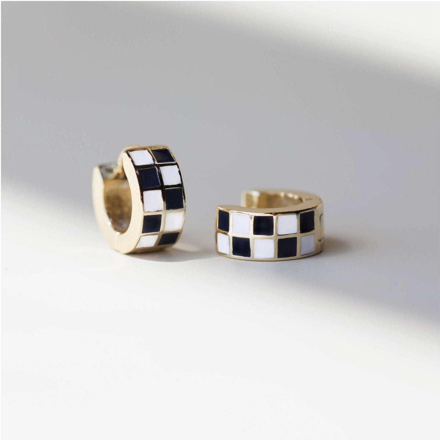 Black & White Checkered Enamel Huggie Earrings