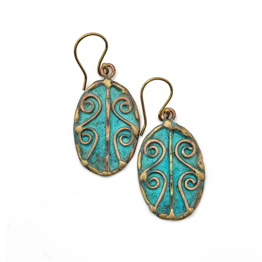 Handcrafted Turquoise Scrollwork Brass Patina Earrings