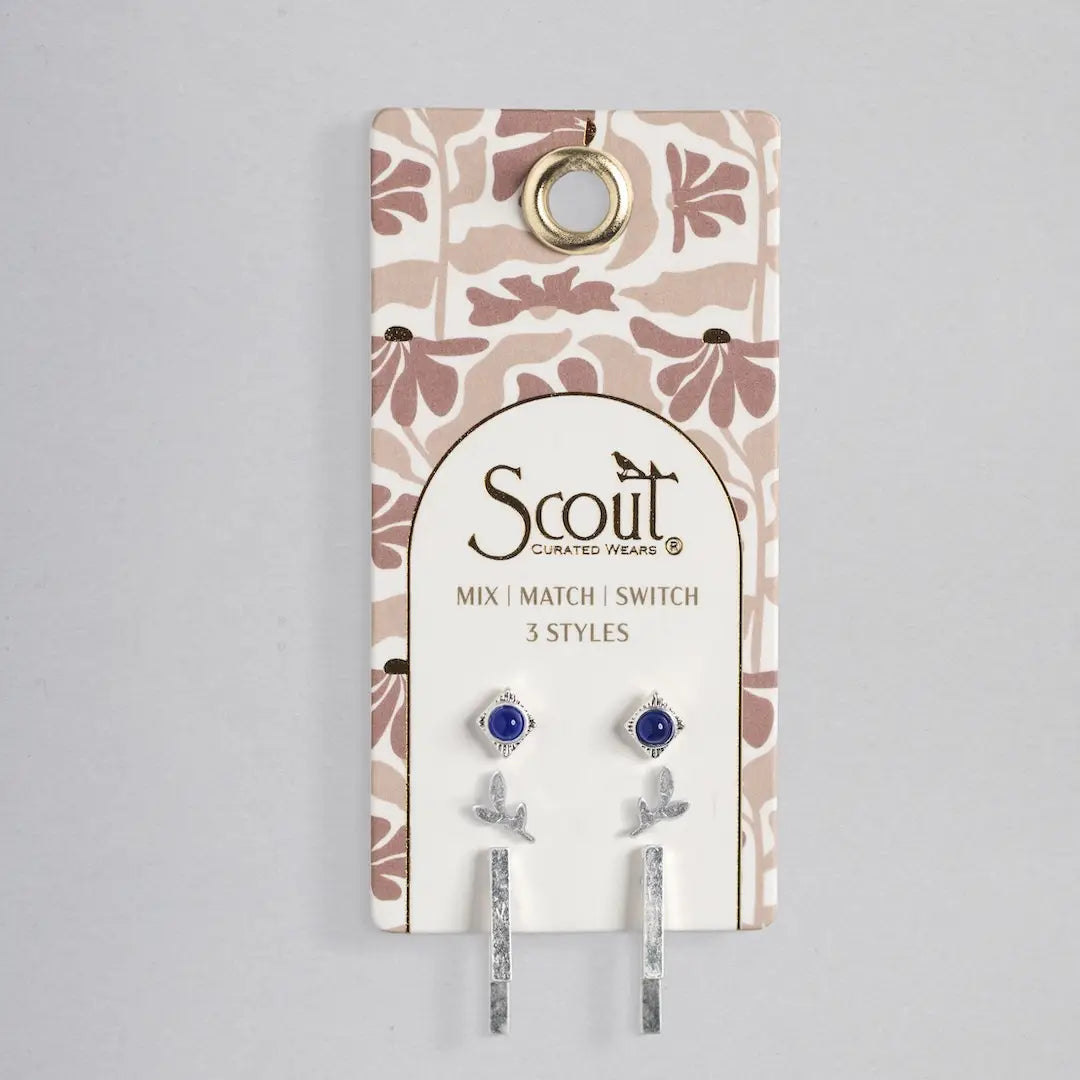 Leaf/Lapis/Silver Stud Trio Ear Jacket Set