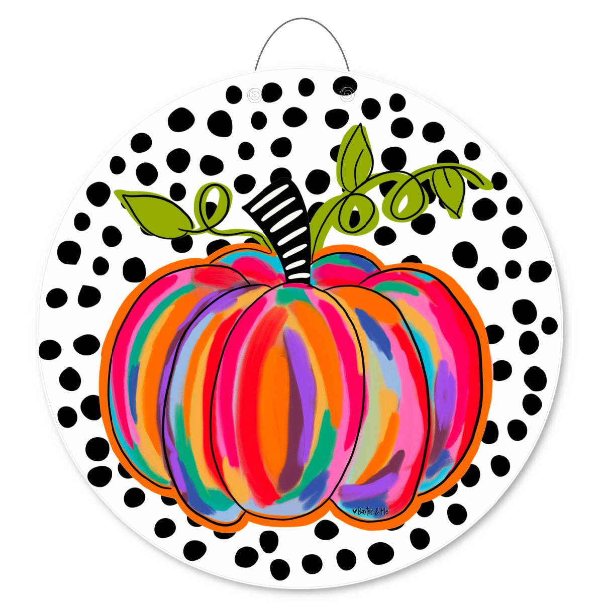 Black Polka Dot Colorful Pumpkin Door Hanger