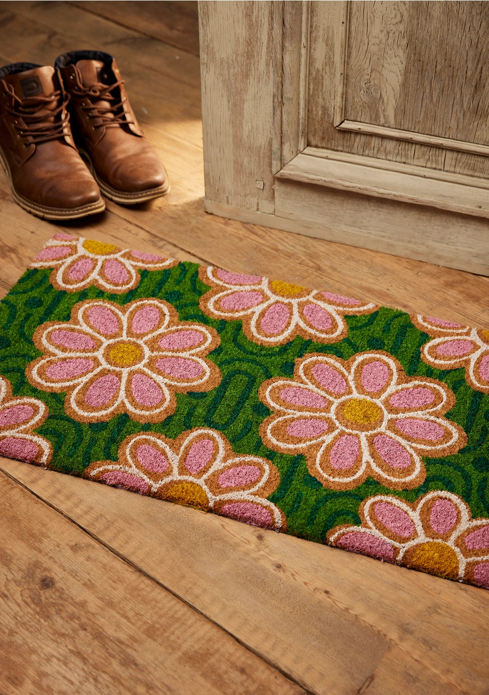 Pink & Green Daisy Coir Doormat