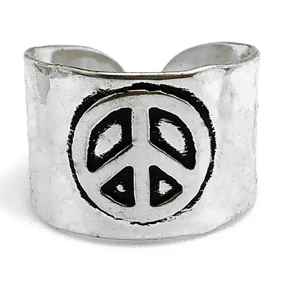 Silver Plated Adjustable Peace Sign Cuff Ring