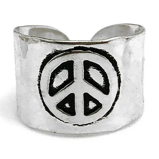 Silver Plated Adjustable Peace Sign Cuff Ring