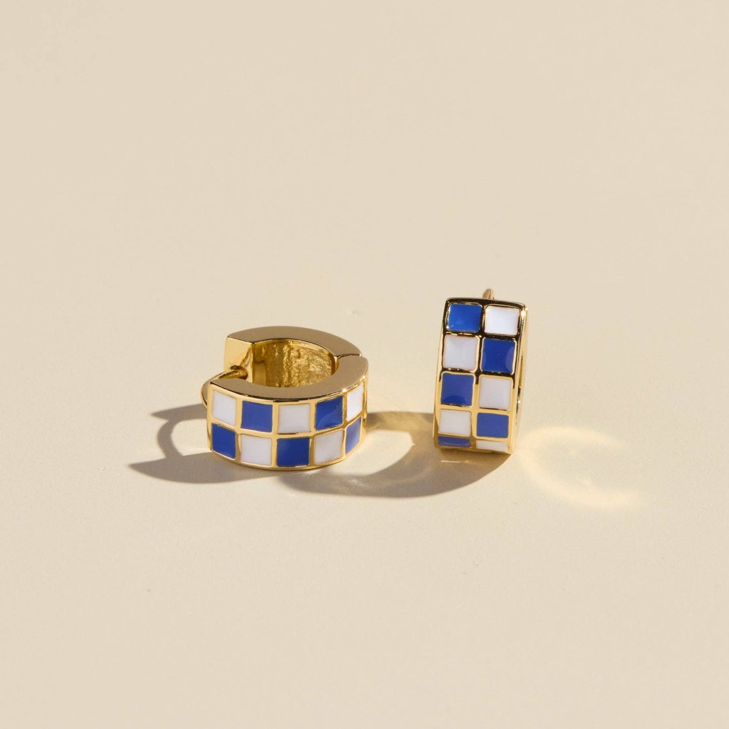 Blue & White Checkered Enamel Huggie Earrings