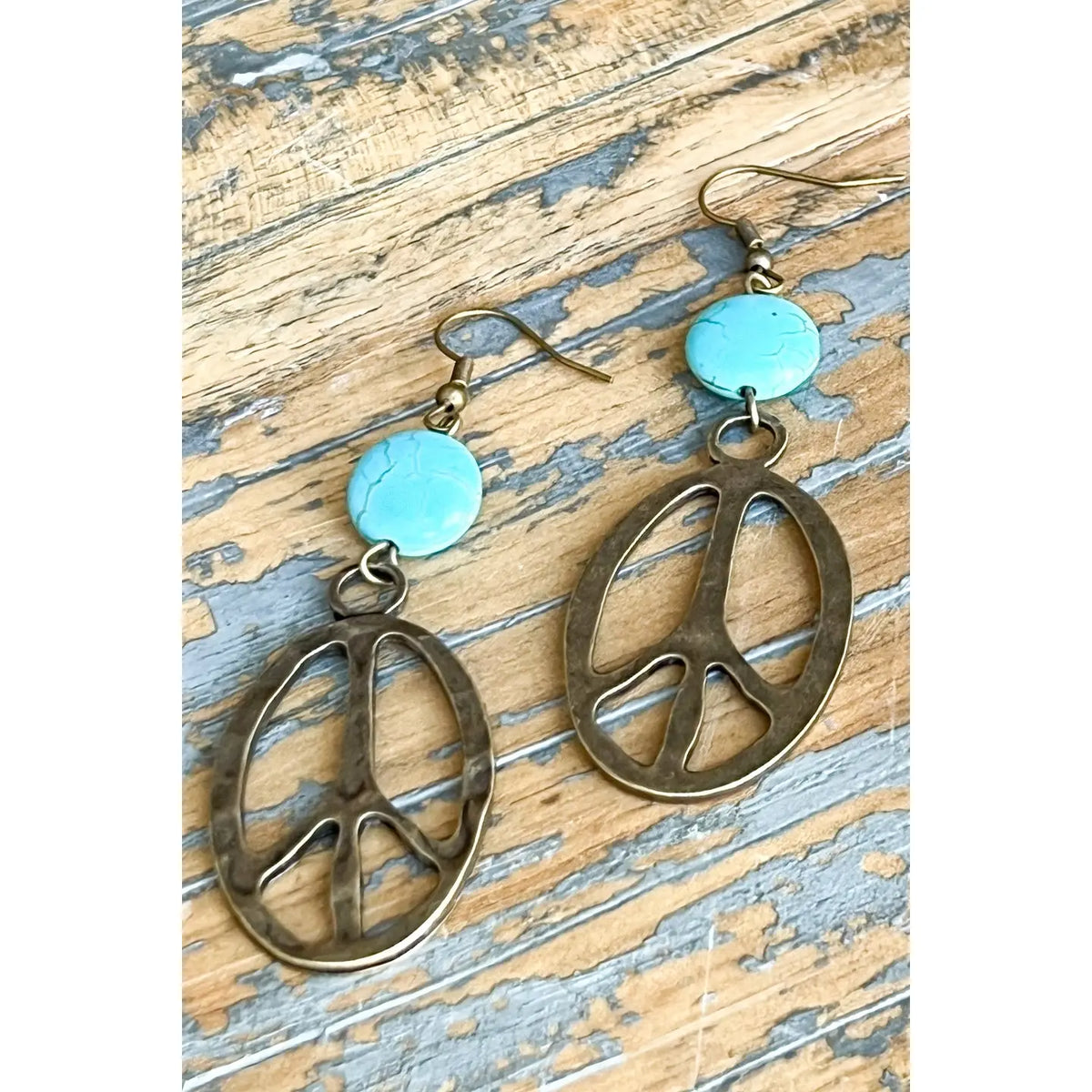 Turquoise Bead & Peace Sign Earrings