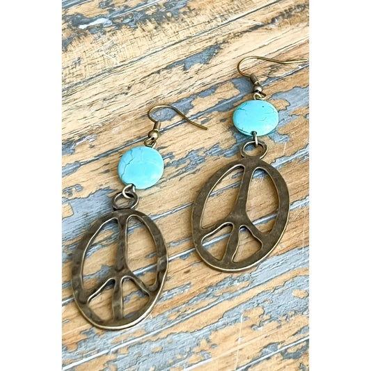 Turquoise Bead & Peace Sign Earrings