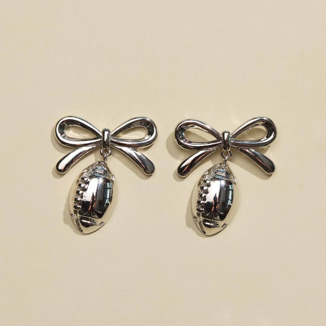 Silver Waterproof Football & Bow Stud Earrings