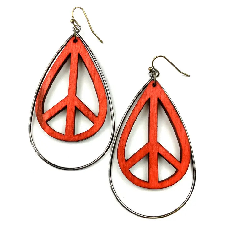 Wood Peace Sign Teardrop & Metal Earrings