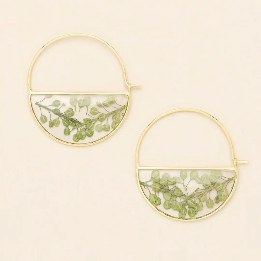 Pressed Flower Hoop Earring - Green Peppergrass/Gold