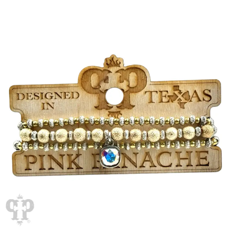 Foil Texture Bead Stacked Bracelet with Austrian Crystal