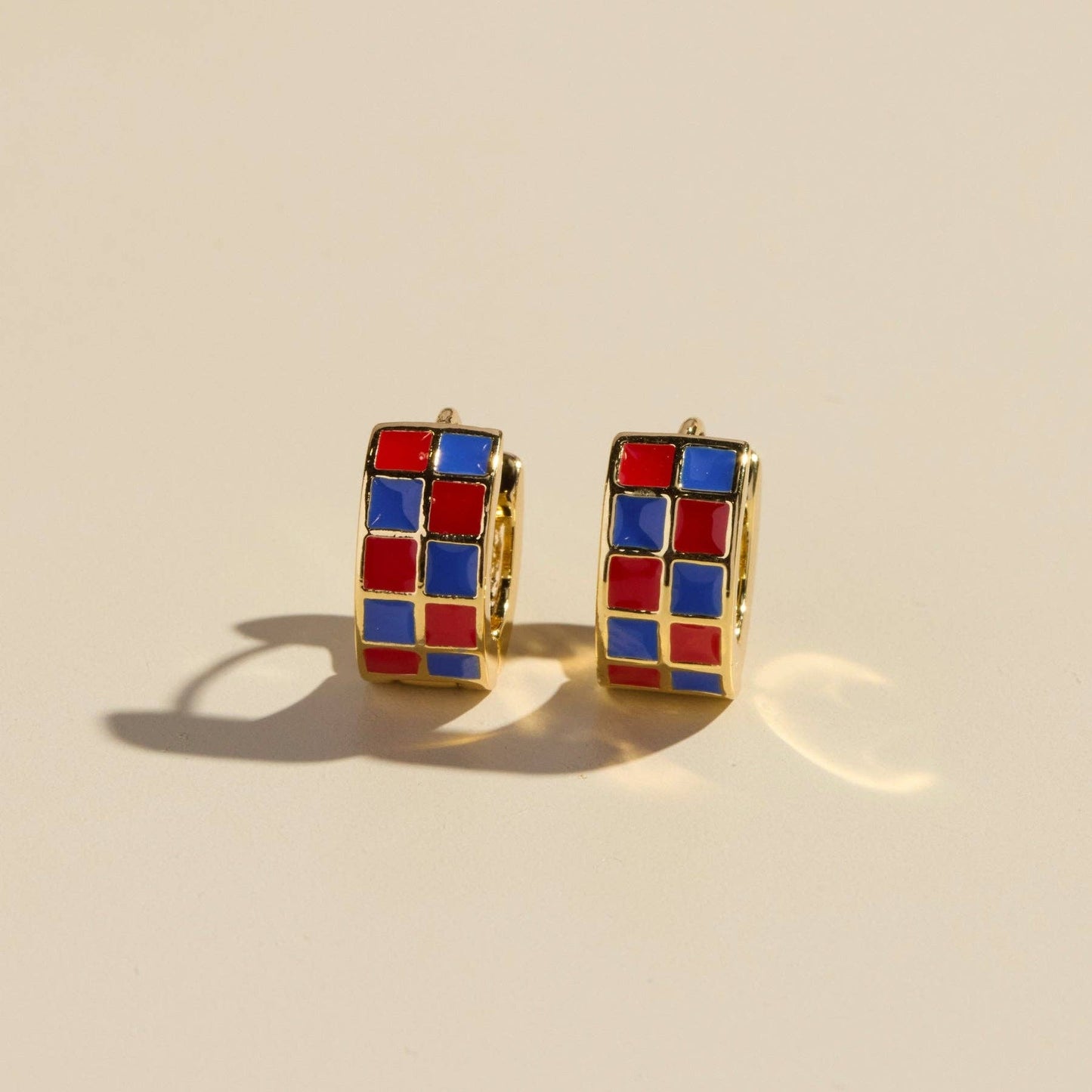 Red & Blue Checkered Enamel Huggie Earrings