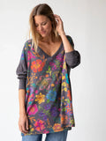 Cotton Long Sleeve Easy V-Neck Tee - Charcoal Floral