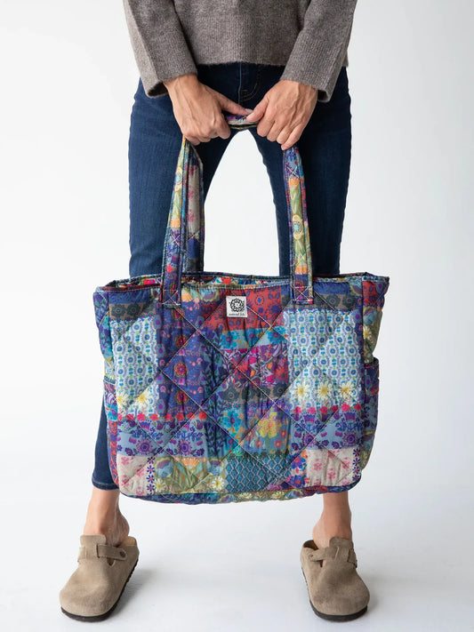 Large Mandala Borders Patchwork Reversible Puffy Tote Bag