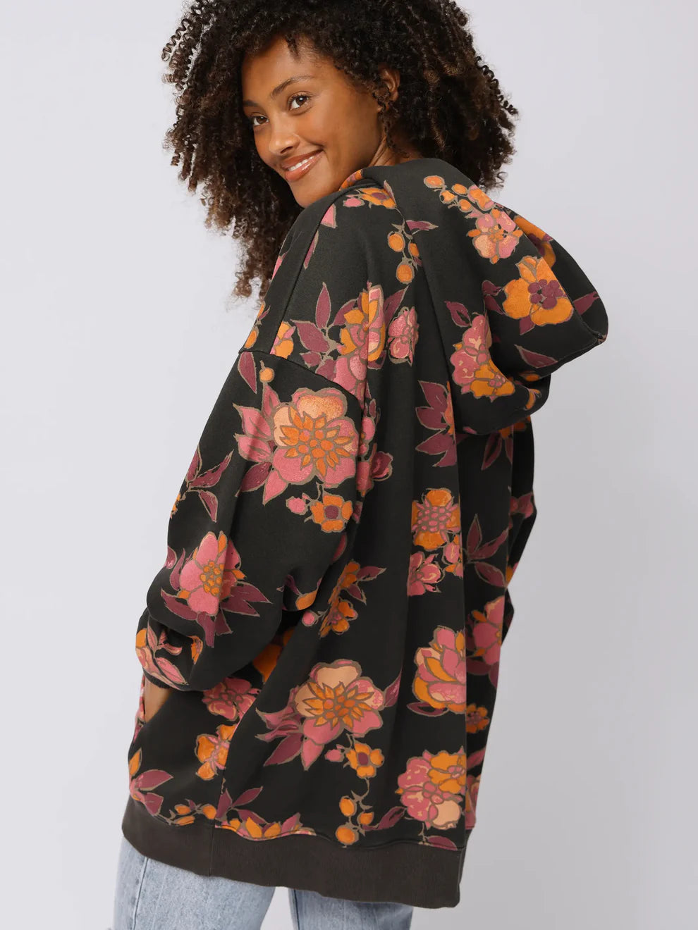 Oversized Printed Hoodie - Black Riviera Blossoms