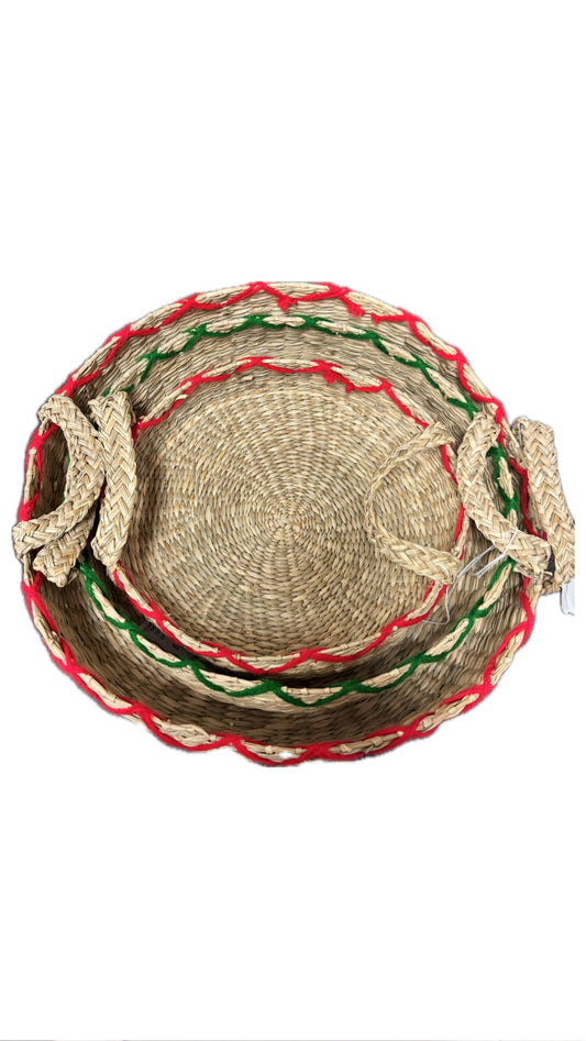 Hand-Woven Seagrass Baskets with Handles & Embroidered Trim
