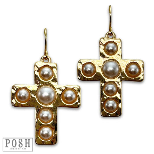 Pearl Bead Cross Earrings