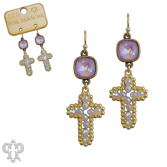 Wire Wrapped Bead Cross Earring with Austrian Crystal