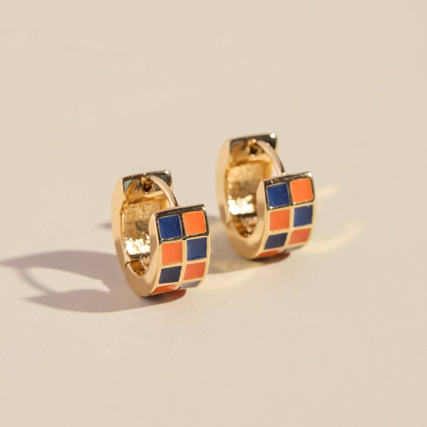 Blue & Orange Checkered Enamel Huggie Earrings