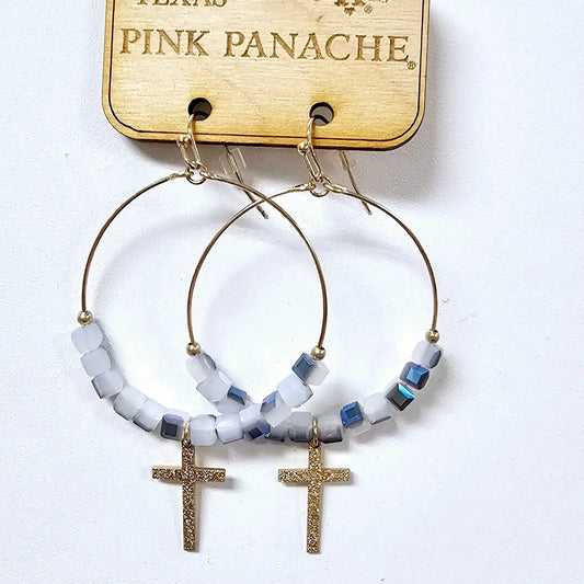 Gold Cross & Blue Beaded Earrings