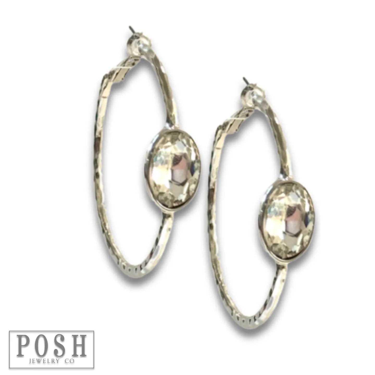 Rhinestone Oval Hammered Hoop Earrings