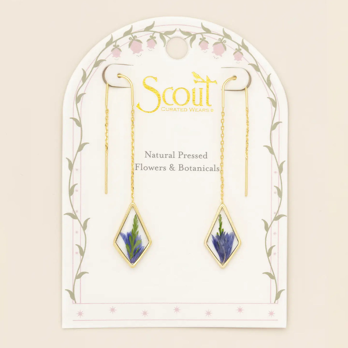 Pressed Flower Thread Earring - Purple Cornflower/Gold