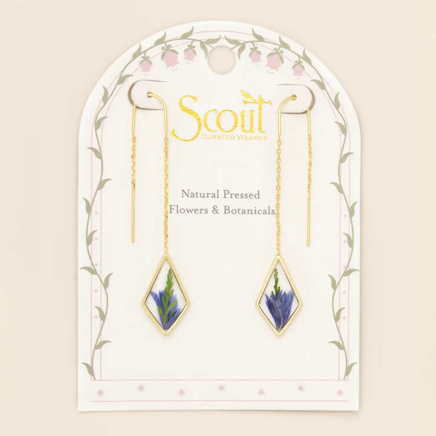 Pressed Flower Thread Earring - Purple Cornflower/Gold