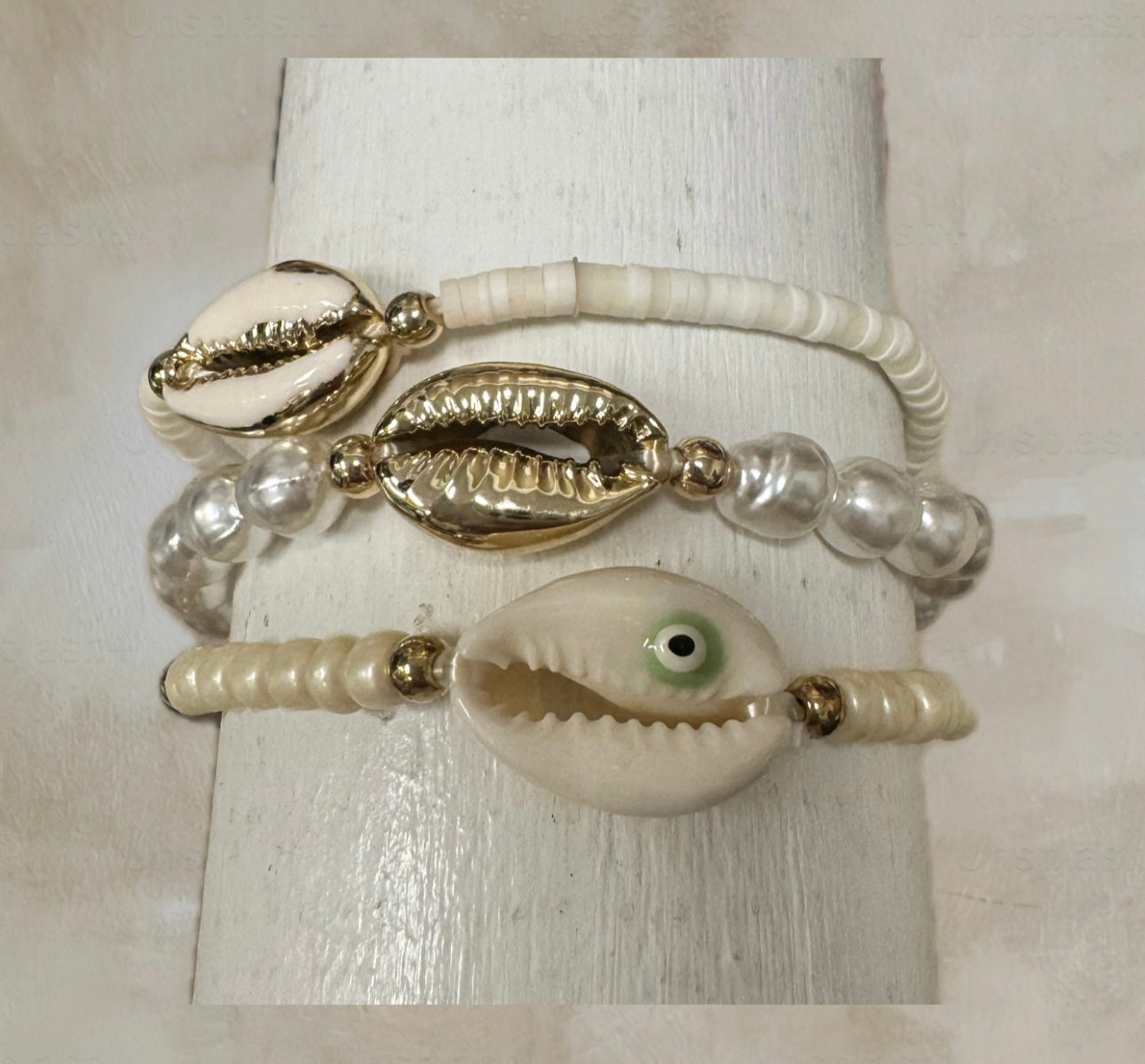 Evil Eye Cowry Shell Stretch Bracelet Set