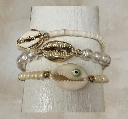 Evil Eye Cowry Shell Stretch Bracelet Set