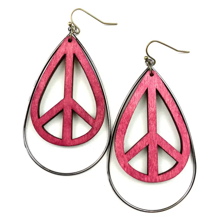 Wood Peace Sign Teardrop & Metal Earrings