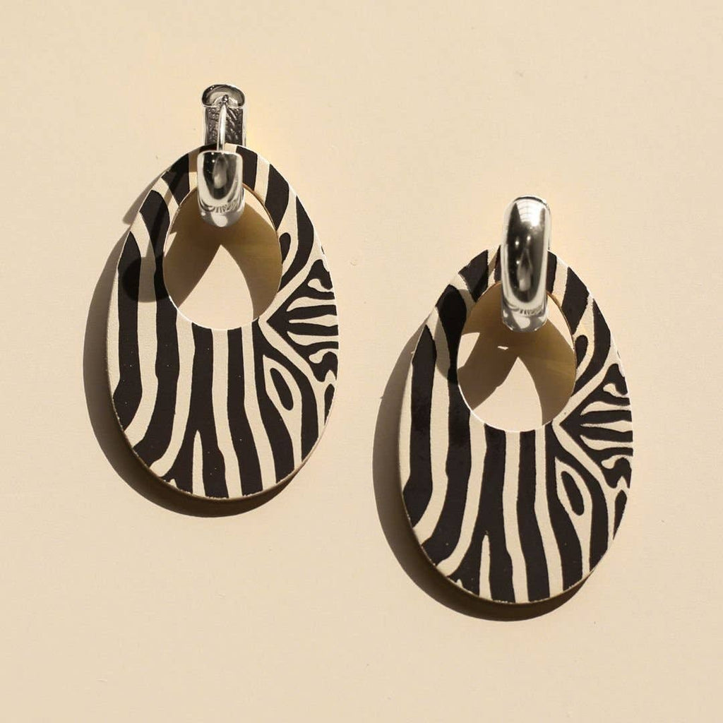 Ecru & Brown Zebra Print Olivia Leather Hoop Earrings