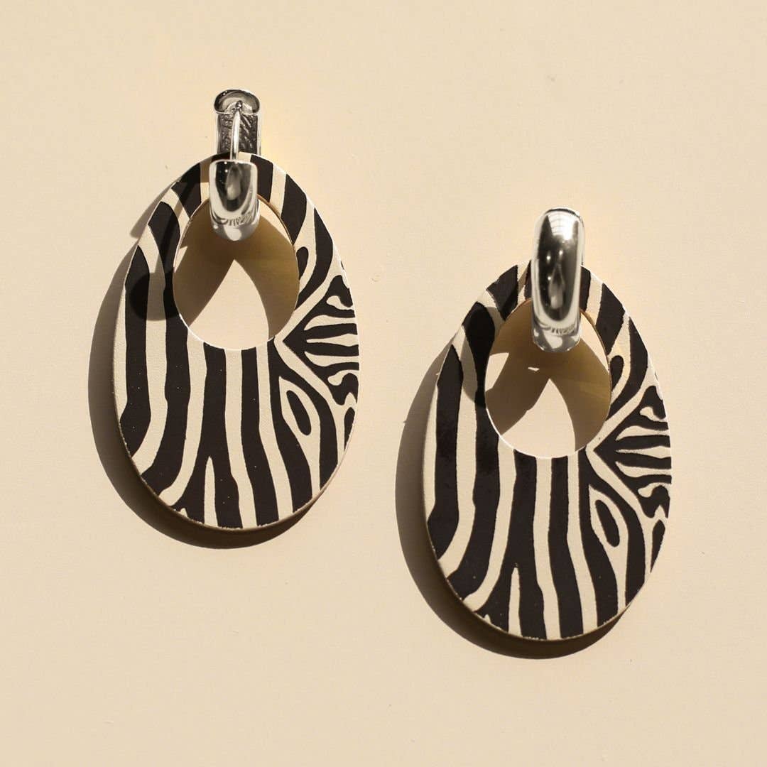 Ecru & Brown Zebra Print Olivia Leather Hoop Earrings