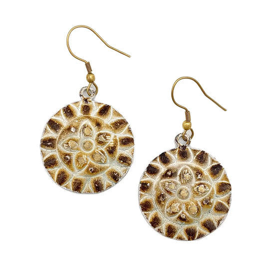 Brass Patina Earrings - Warm Brown and White Flower Circles