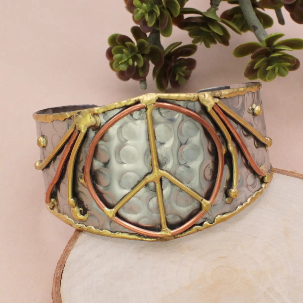 Wide Mixed Metal Peace Sign Cuff Bracelet