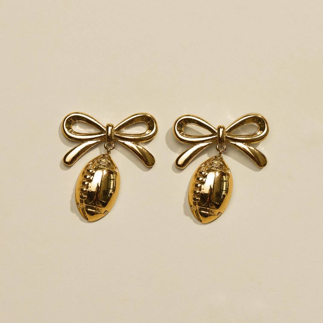 Gold Waterproof Football & Bow Drop Stud Earrings