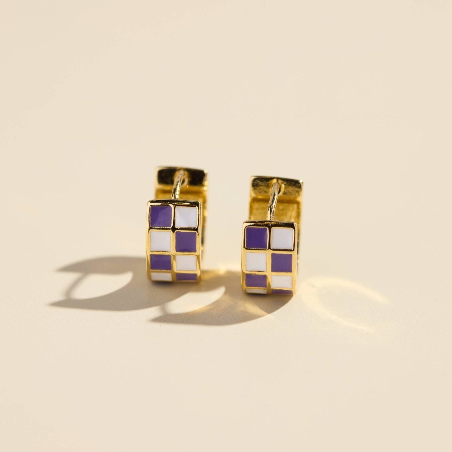Purple & White Checkered Enamel Huggie Earrings