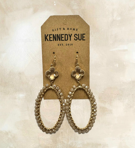 Clear Clover & Beaded Oval Earrings