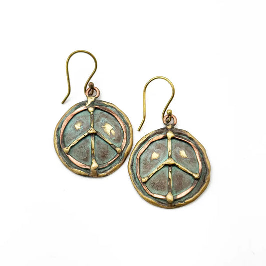 Handcrafted Verdigris Peace Sign Brass Patina Earrings