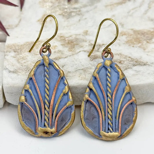 Handcrafted Dusty Blue Art Deco Brass Patina Earrings