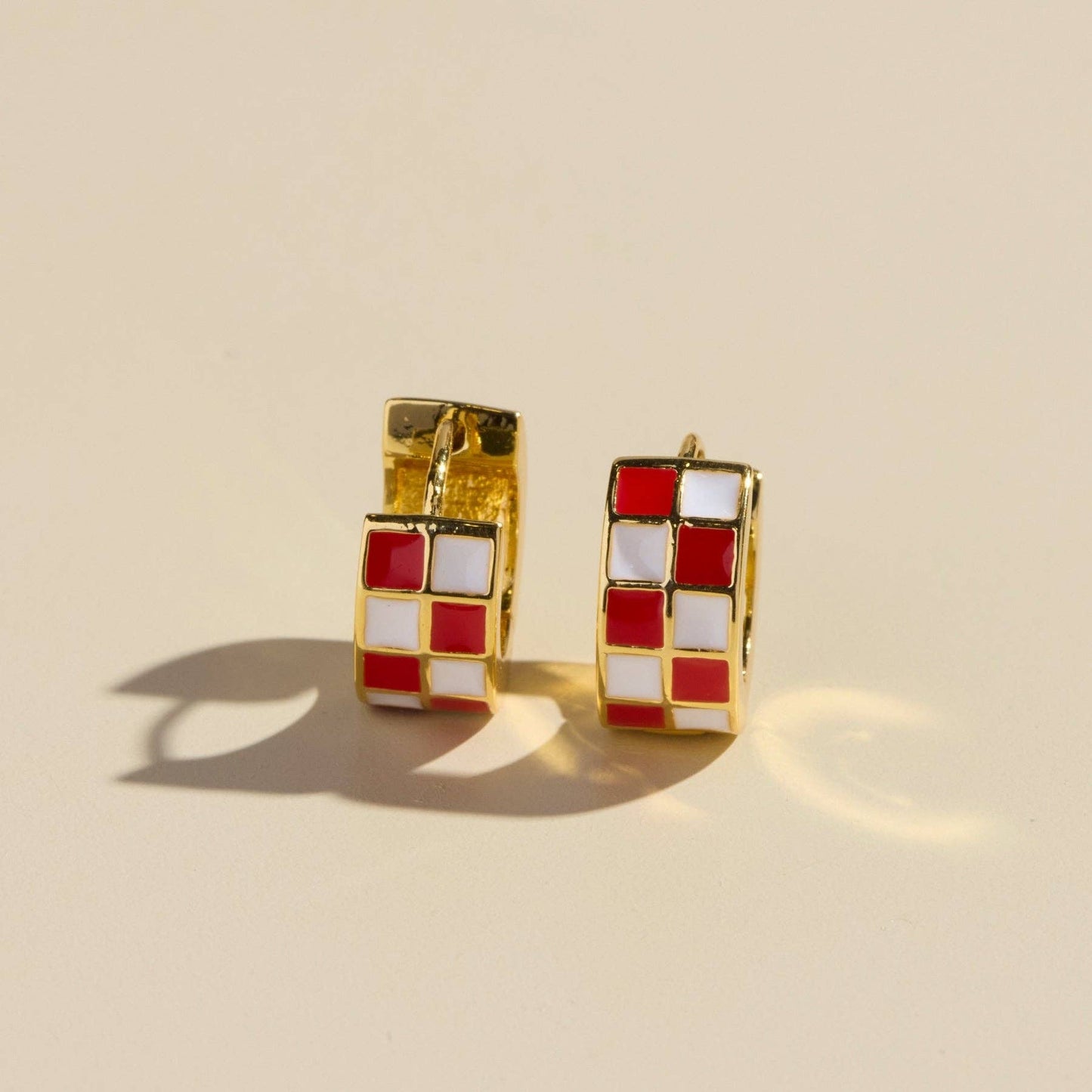 Red & White Checkered Enamel Huggie Earrings