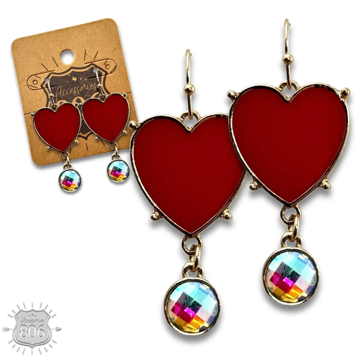 Enamel Heart Earrings with Rhinestone Drop