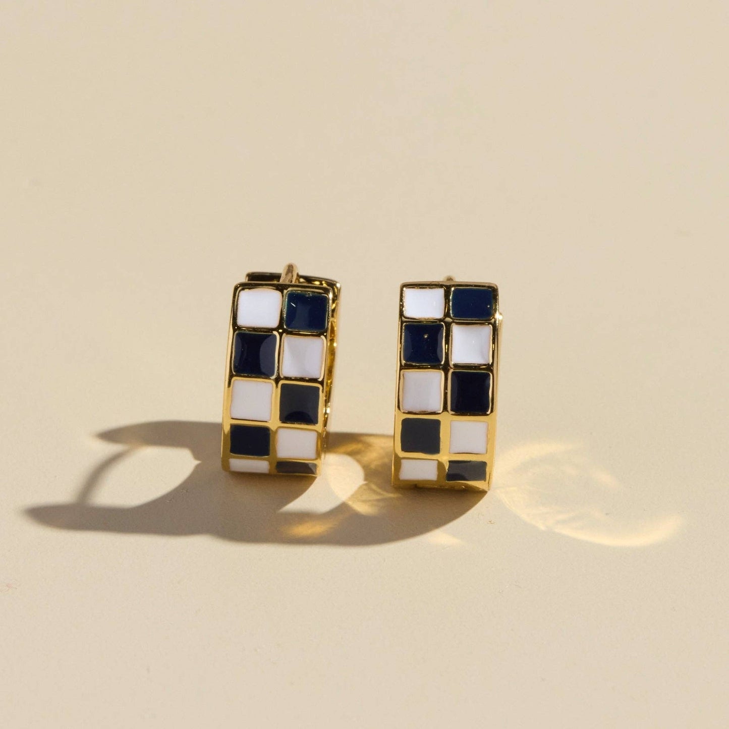 Navy & White Checkered Enamel Huggie Earrings